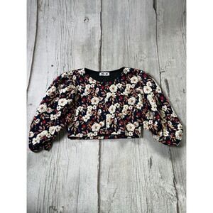 Zara Crop‎ Top Womens Medium Navy Floral Tapestry Puff Sleeve Boho Cottagecore